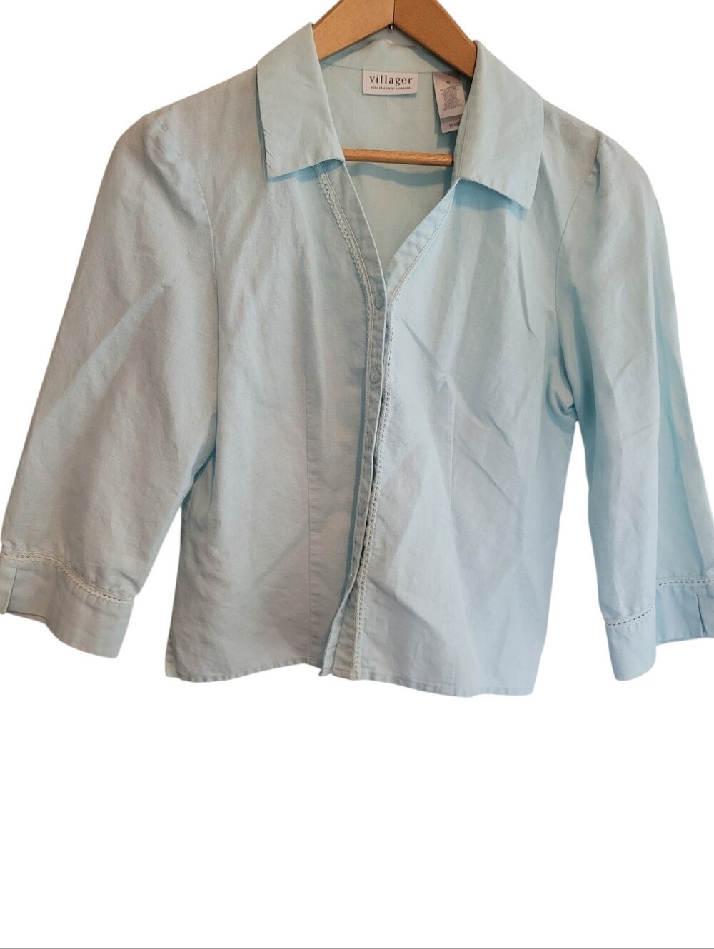 Villager Liz Claiborne Linen Blend Pastel Teal Button Down Blouse Shirt -medium